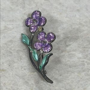 Metallic Enamel Pastel Floral Rhinestone Purple Brooch Pin Pendant Vintage